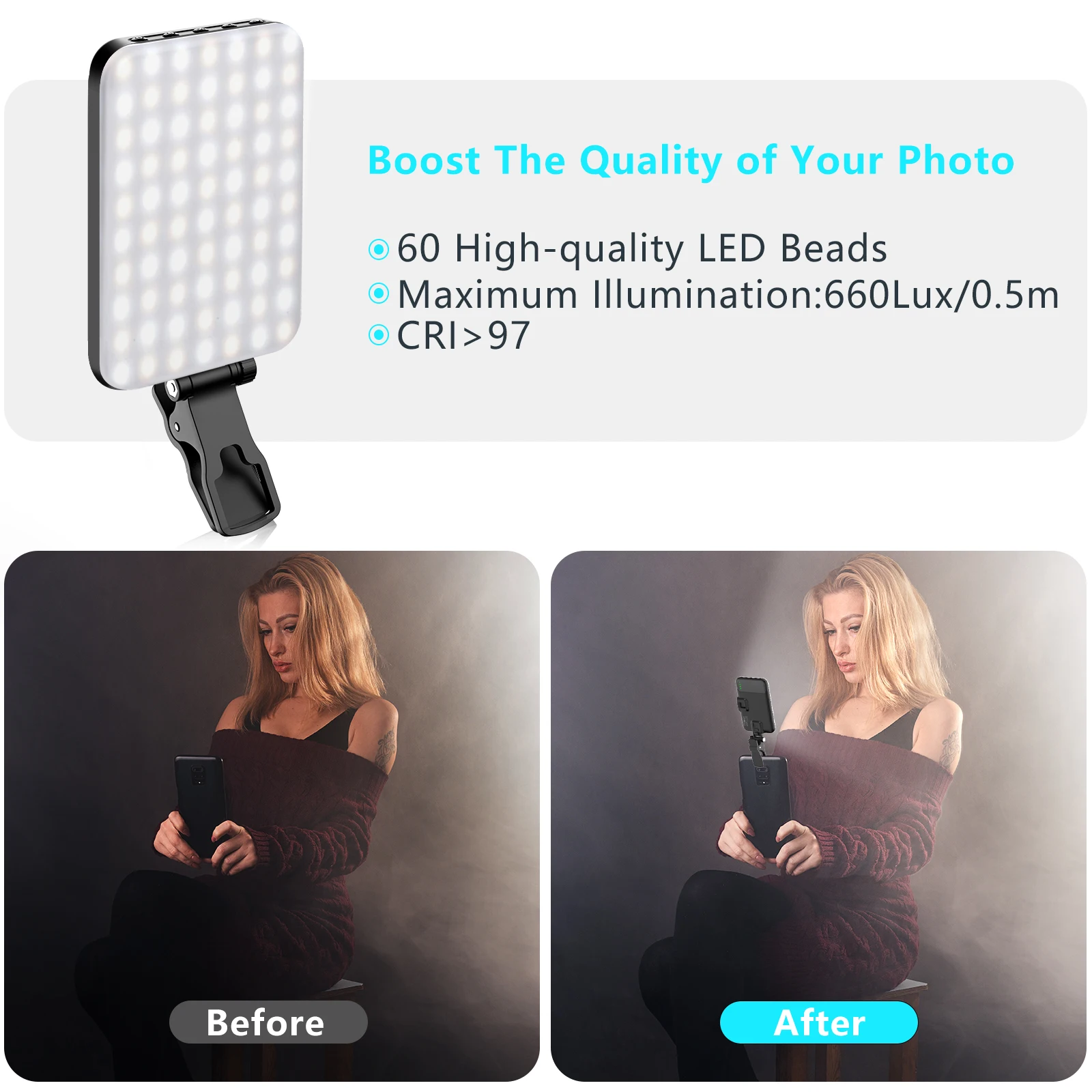 LED Selfie Light 60 High Power Rechargeable Clip Fill Video Light for Phone iPad with Front & Back Clip Adjusted 3 Light Modes