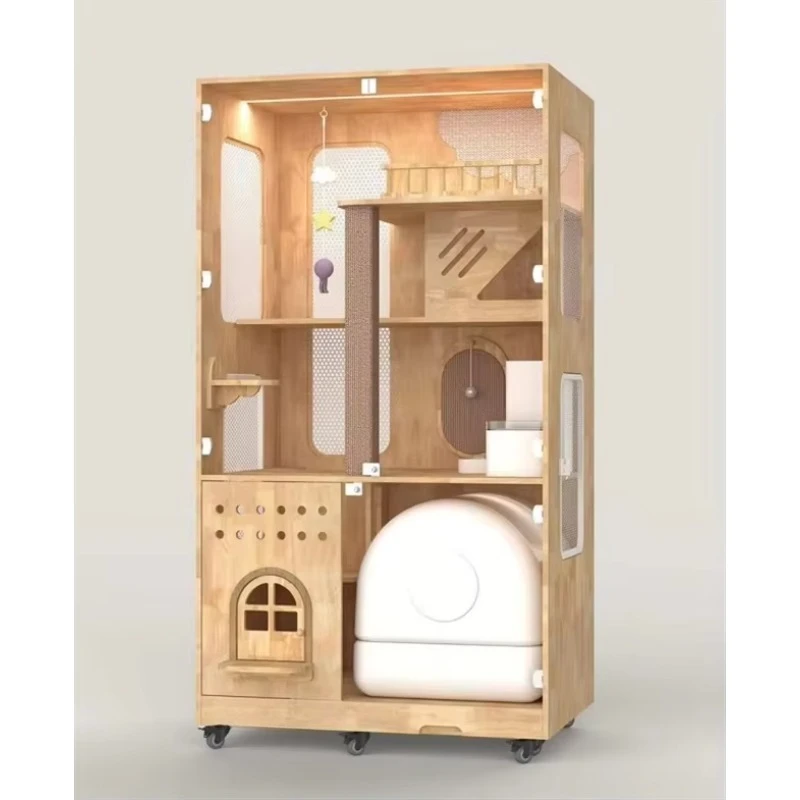 Solid Wood Cat Tree House Outdoor Waterproof Insulated Large Weatherproof Cat Villa Pet Condo
