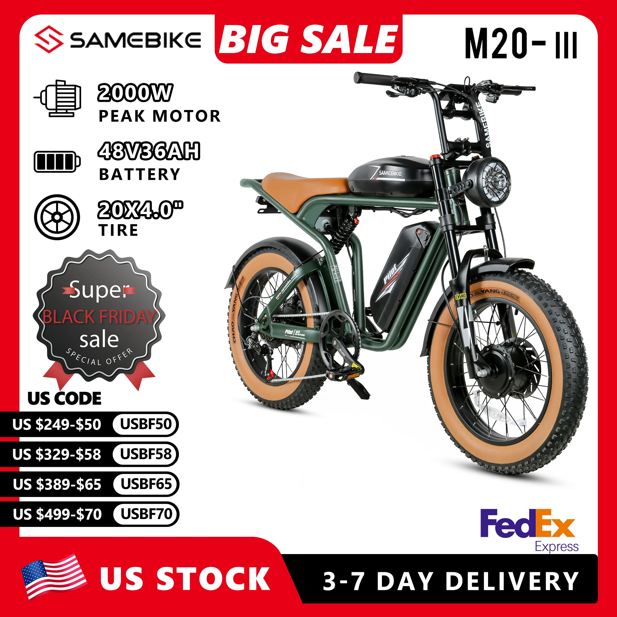

SAMEBIKE M20-III Electric Bike 2000W Double Motor 48V 36AH Electric Bicycle 20*4.0IN Fat Tires Mountain Adult All-Terrain E-bike