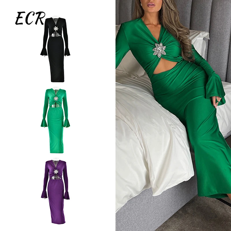 

ECR Solid Sexy Slimming Dresses Women V Neck Flare Sleeve High Waist Hollow Out Spliced Metal Long Dress Female Fashion Autumn