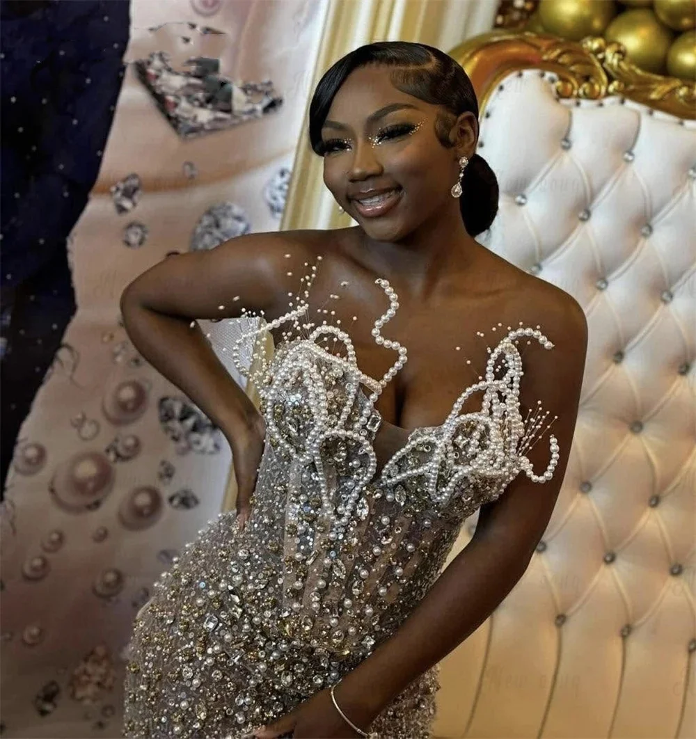 Abiti da ballo con perline scintillanti 2025 Sirena di lusso Perle 3D Corsetto Aso Ebi Festa di nozze Compleanno Abito da sera formale Personalizzato
