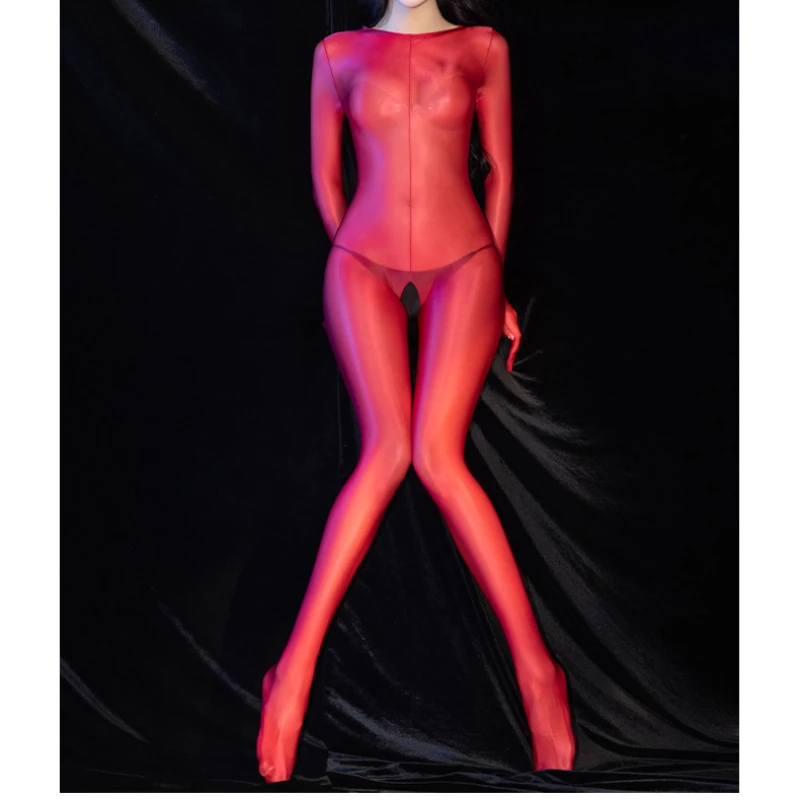 Women Sexy Tights Bodystocking Hooded Full Coverage Oil Shiny Glossy High Elasticity Open Crotch Jumpsuit Erotic Lingerie Tights