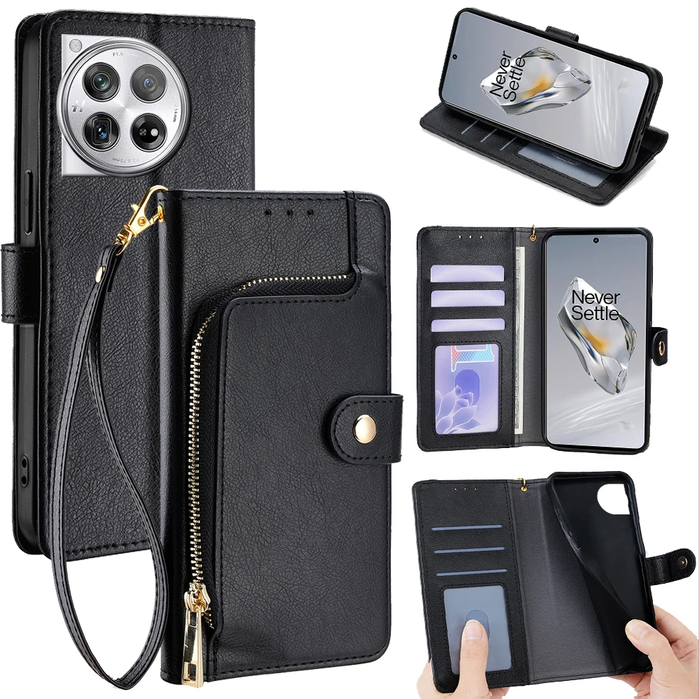 Gefenis Business Zipper Wallet Card Cover For Oneplus 13 12 11 10 9 8 Pro 12R 11R 9R 10T 8T 9RT Leather Flip Phone Case For Onep