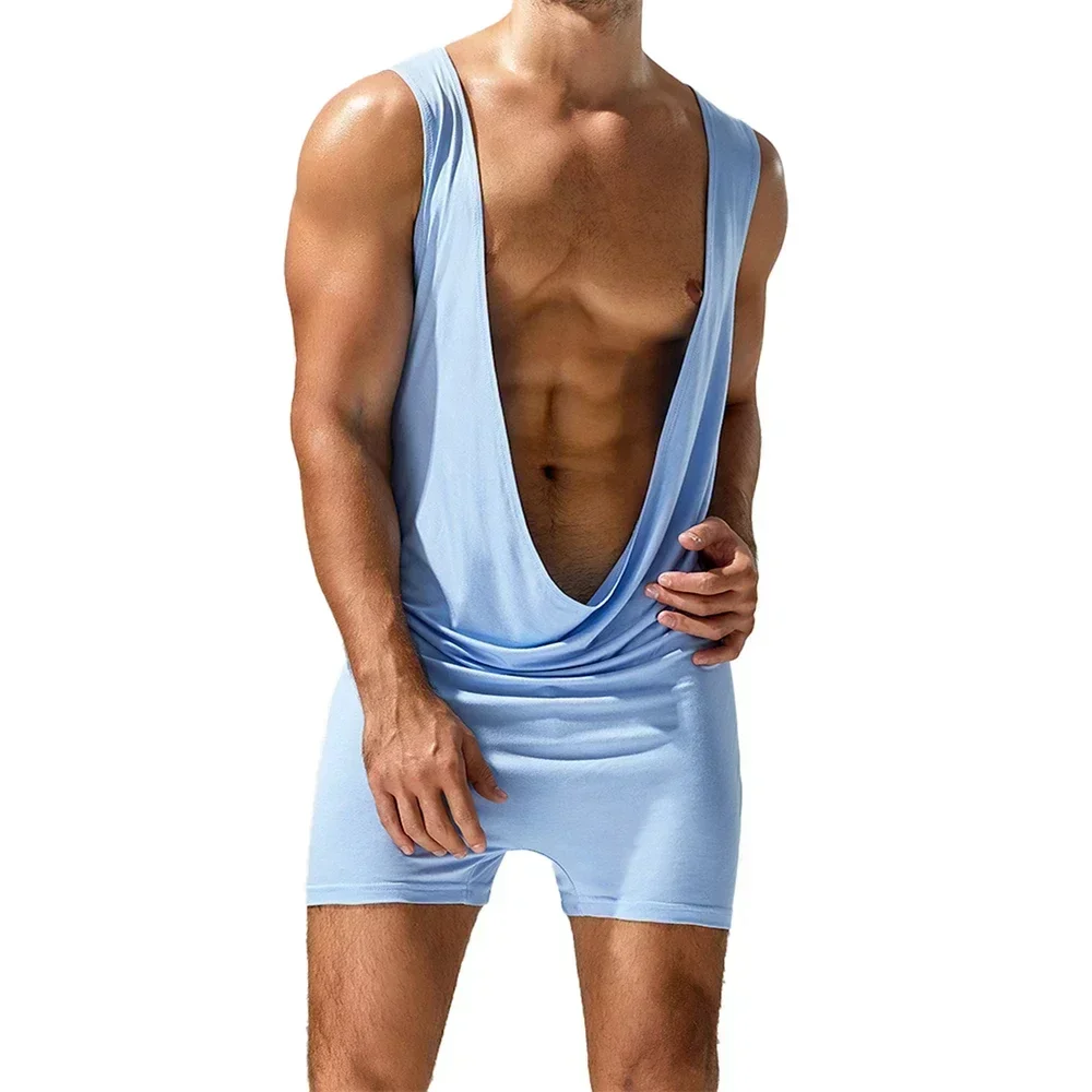 Men's Solid Color Undershirts Jumpsuits One-pieces Wrestling Singlets Stretchy Boxers Vests Bodysuits Sexy Deep-V Sport Leotards