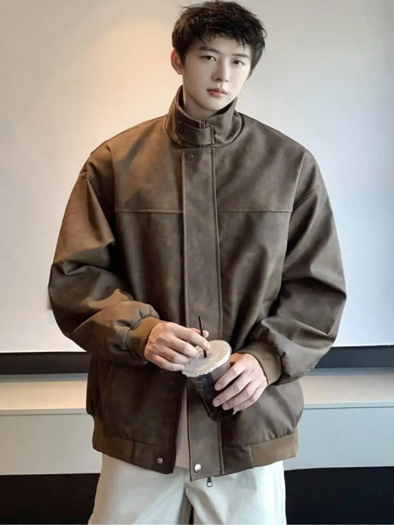 

Мужская куртка из искусственной кожи в американском ретро-стиле, весенне-осенняя, мотоциклетная, с воротником-стойкой, байкерская, модная повседневная куртка