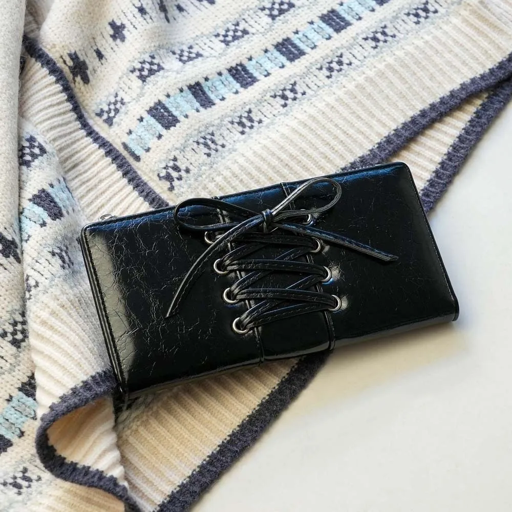 

Кошелек-картхолдер с ремешком и бантом, ПВХ, однотонный, в стиле балеткор, для карт, модный, длинный, кожаный, женский