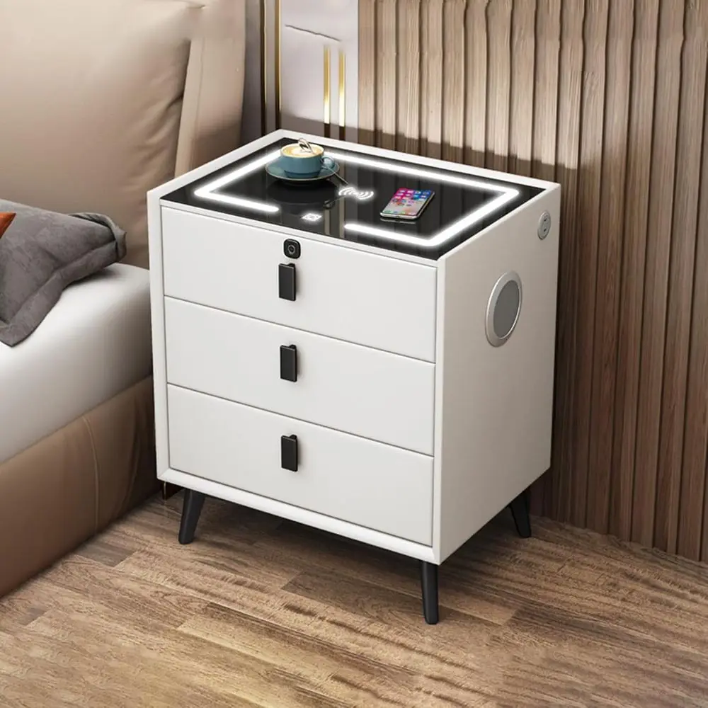

Smart Bede Table with WirelUSB Charging and ingerprint Lock,Three-Der Bedroom Side Table with Speakers and Smart Sensor LED Ligh