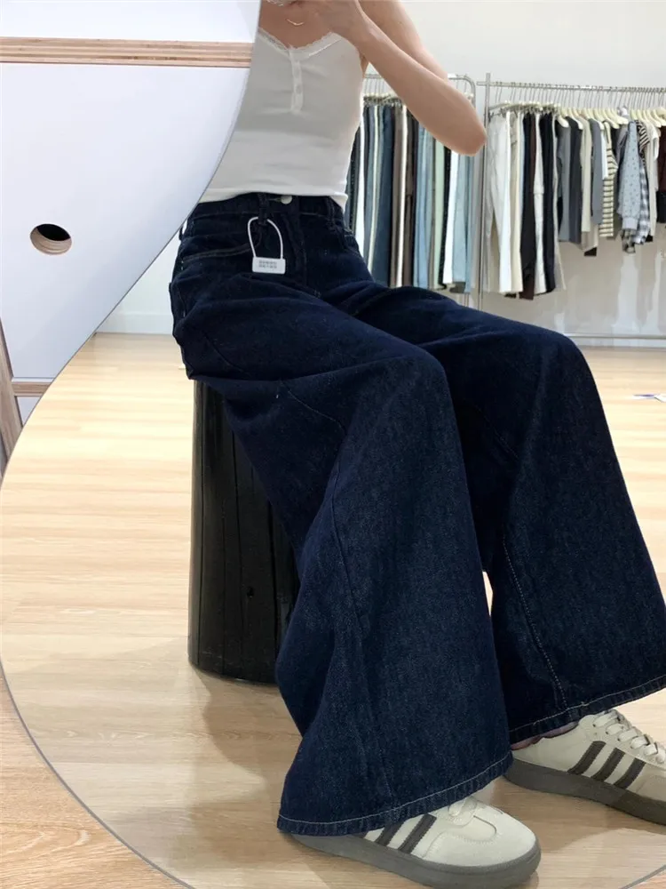 

American Retro High Street Wide Leg Jeans Women Summer Thin Loose Long Ice Silk Pants High Waist Deep Color Extended Size