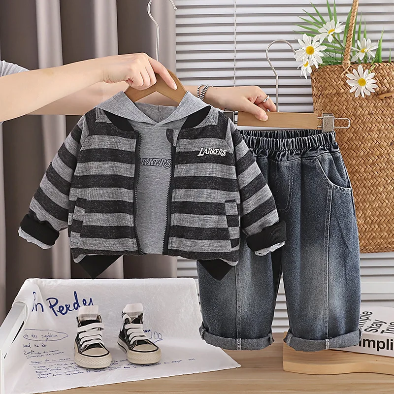 Toddler Boys Clothing 2026 Autumn Winter Baby Boy Clothes 1-5T Striped Zipper Cardigan Coat + Hoodies + Pants 3 Piece Outfit Set