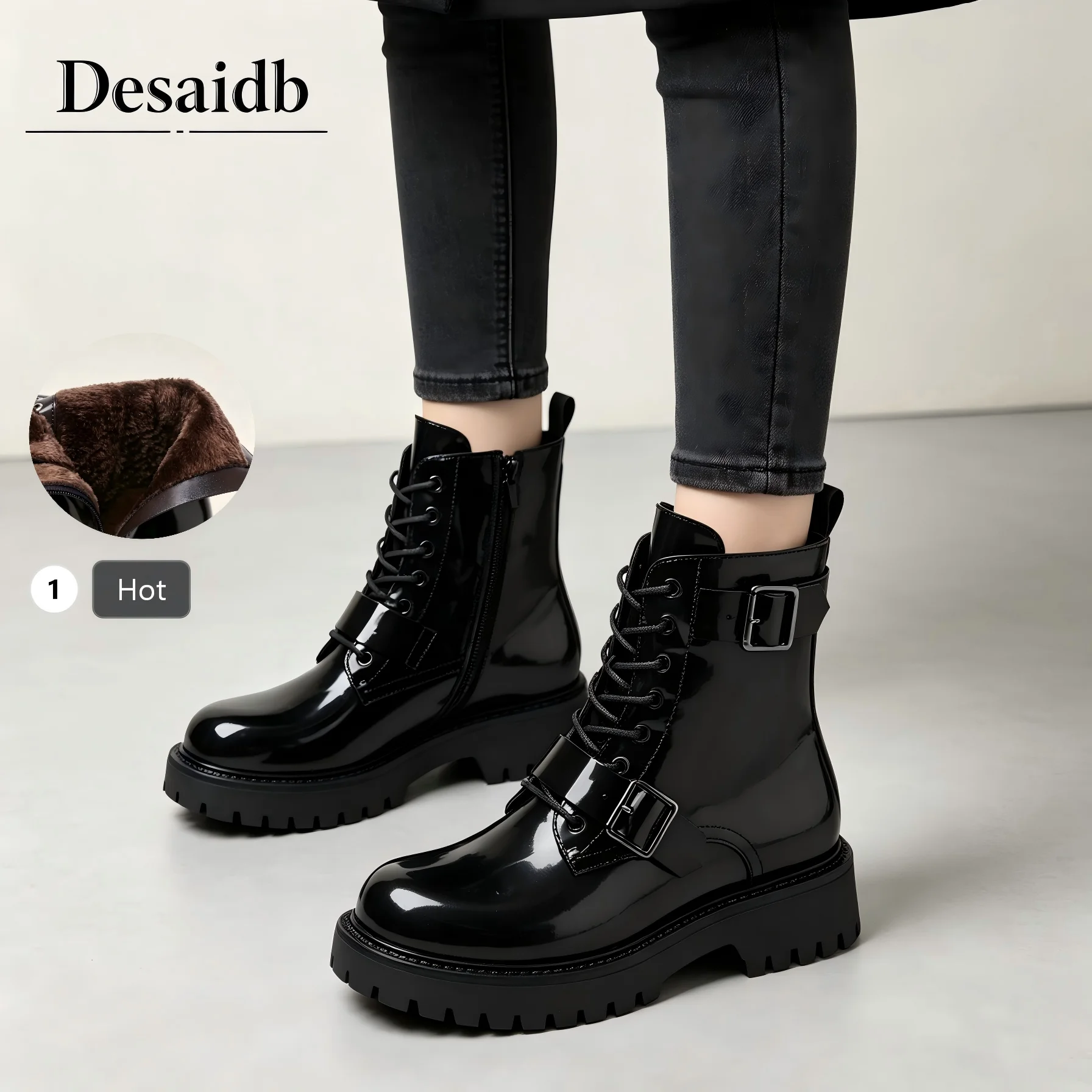 Desaidb Women Platform Suede Ankle Boots Winter Fleece Lined Buckle Short Booties Retro Warm Casual Snow Women Walking Shoes