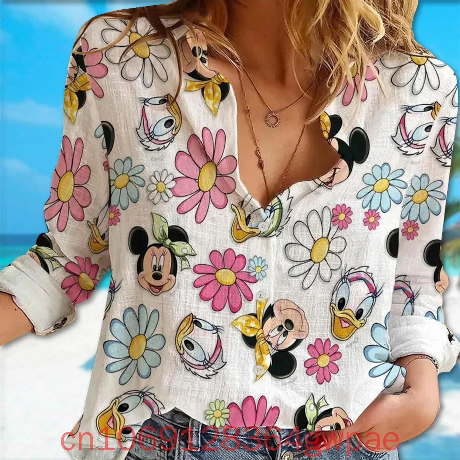 Urocza koszula damska Minnie Mouse Casual Button Up Long Sleeve Shirt Tops Disney Summer Vacation Women Fashion 3d Hawaiian Shirts