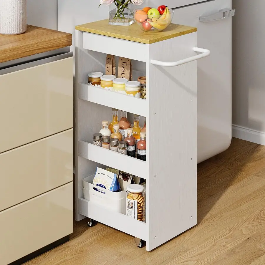 

Slim Storage Rolling Cart with Drawer and Wheels and Handle, 4 Tier Slide Out Utility Kitchen Cart for Small Spaces Kitchen Lau