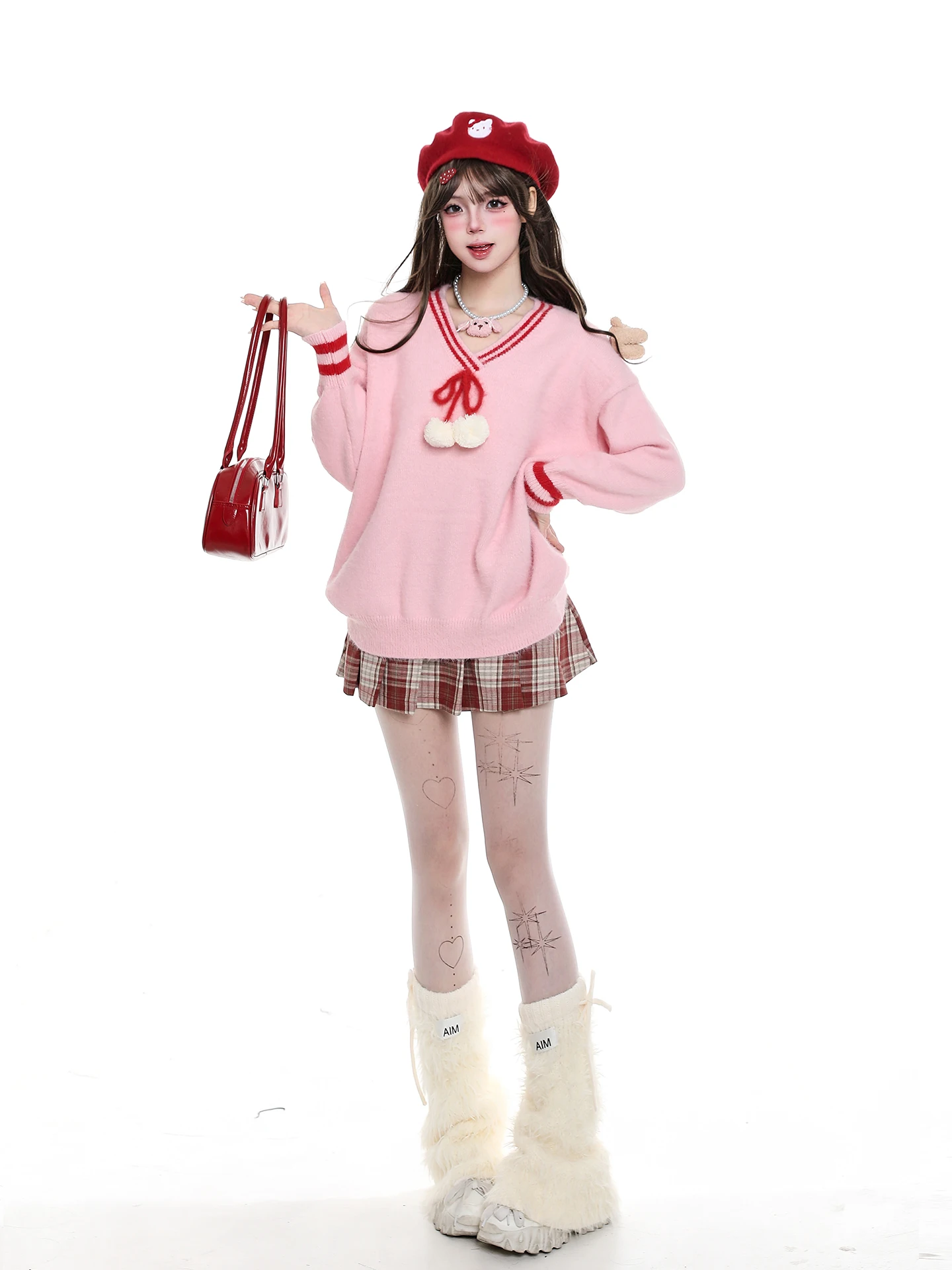 Sweet  Knot V-Neck Loose Women's Sweater Autumn Fashion Slimming Knitted Long Sleeve Warm Pure Color Top for Younger...