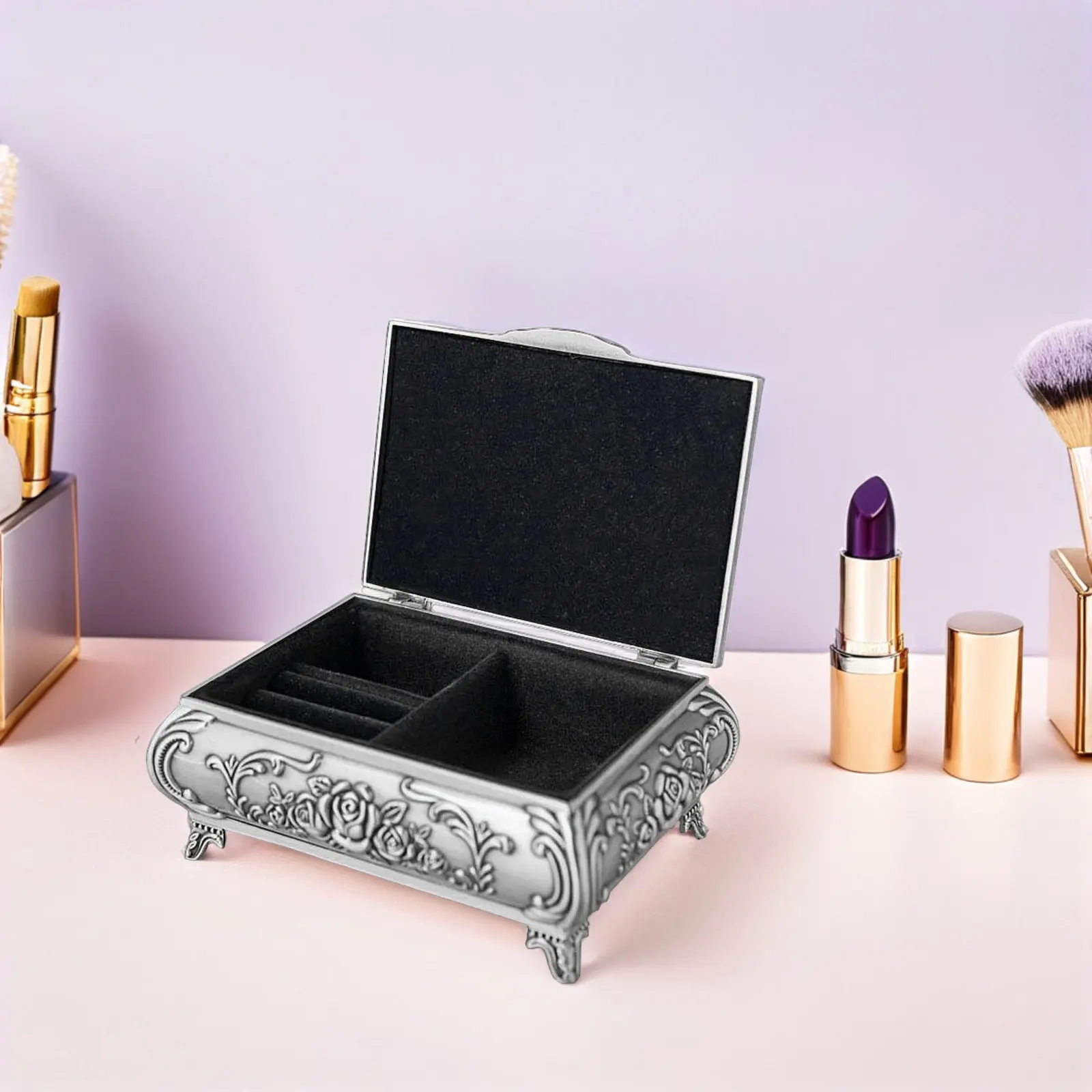 Rectangle Vintage Metal Jewelry Box Zinc Alloy Silver Rose Embossed Trinket Storage Organizer Lockable Case for Rings
