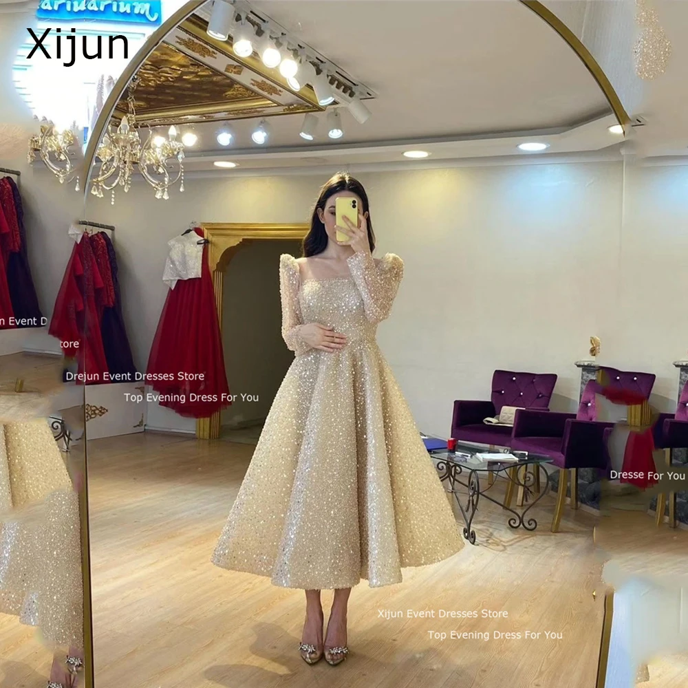 

Xijun Glitter Wedding Dress Sequined Short Long Sleeves Bridal Gowns Prom Dresses 2024 Saudi Arabric Wedding Party Dress Luxury