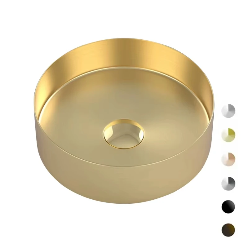 

Brushed Gold Hotel Bathroom Vessel Sink Vanities 304 Stainless Steel Hand Wash Basin Modern Luxury Round Sinks