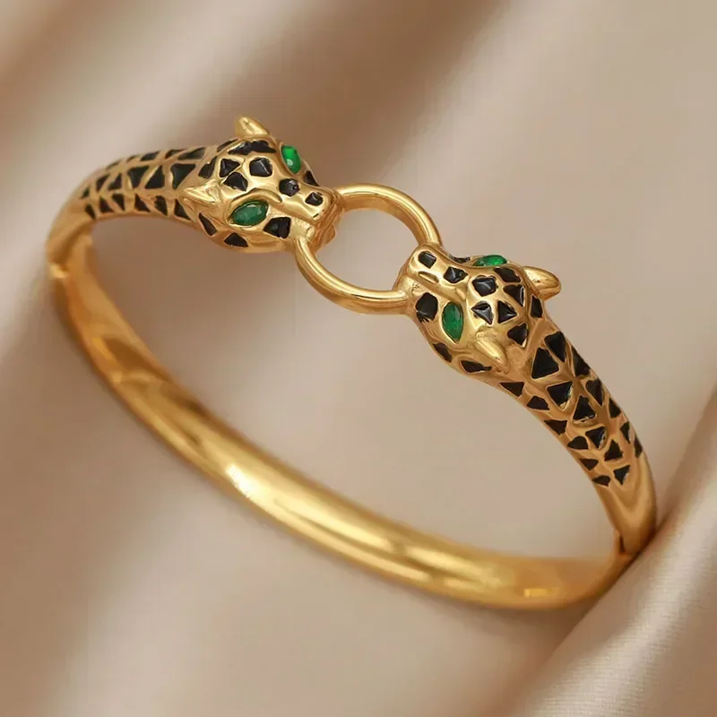 Stainless Steel Black Leopard Bangles for Women Fashion Brand Jewelry Unique Animal Bracelets Party Accessories Gifts