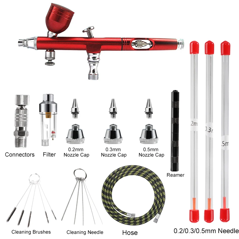 Airbrush Kits Dual-Action 0.2mm Nozzle Spray Gun Filter and Hose for Makeup Nail Tattoo Cake Decorating (Multiple Kit Choices)