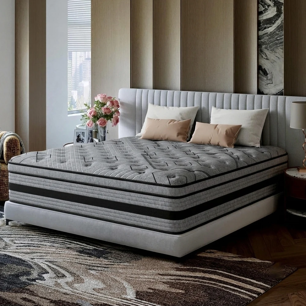 12/ 14inch Foam and Spring Hybrid Mattress, Medium Firmness, Available in Full, Queen, and King Sizes, Gel Memory Foam for Lumbar Support, Boxed Mattress