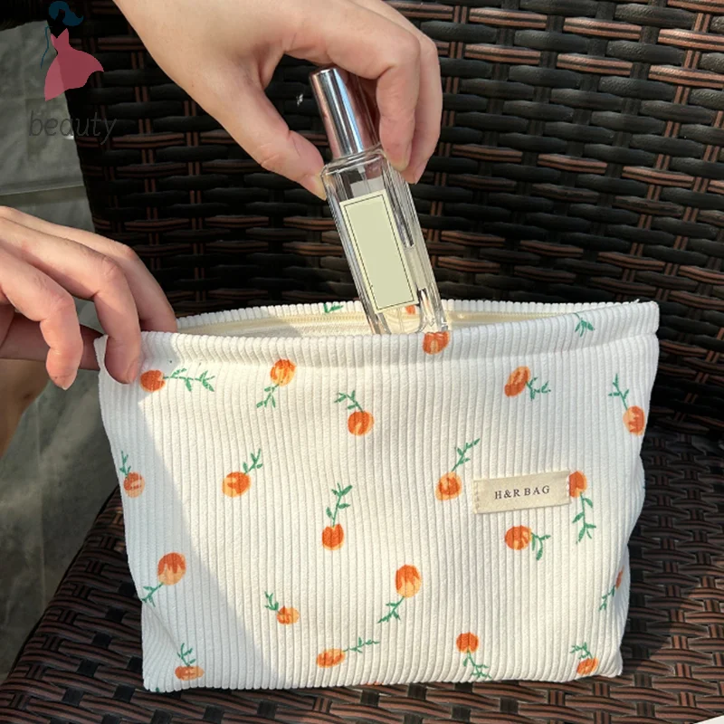 Bolsa de cosméticos de flores Retro de pana para mujer, neceser de viaje, estuches de almacenamiento de belleza, organizador de maquillaje, bolso de mano, bolsa de lavado