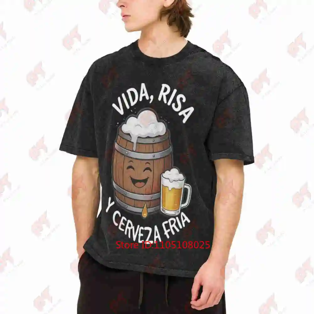 Spanish Vida Risa Y Cerveza Fria Beer Keg Print Vintage Washed Tee Pure Cotton T-Shirt