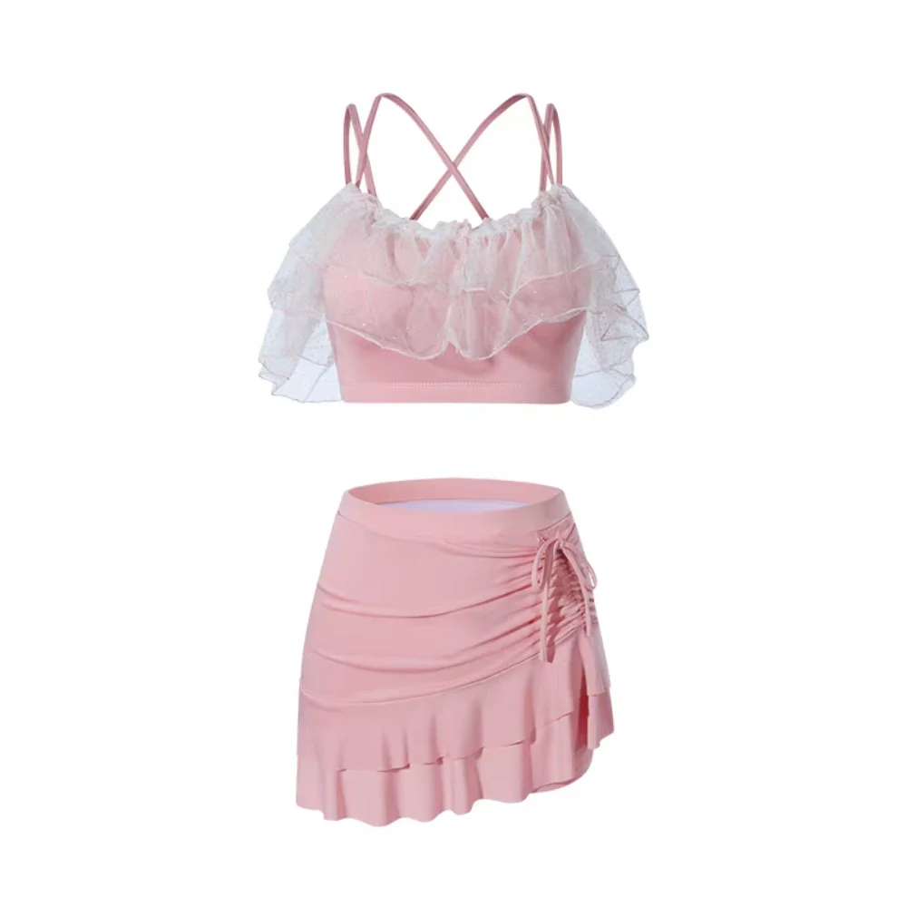 

Sweet Slim Fit A-line Skirt Swimsuit Puff Ruffle Off Shoulder Lace Ruffled Bathing Suit Beachwear Two Pieces Set Swimwear Ladies