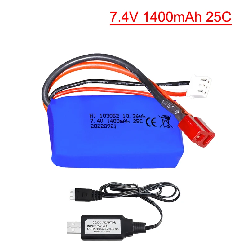 7.4V 1400mAh 103052 25C  Battery T-type plug with USB cable for Wltoys V353 959-B A969-B A979-B K929-B RC Truck Car Spare Parts