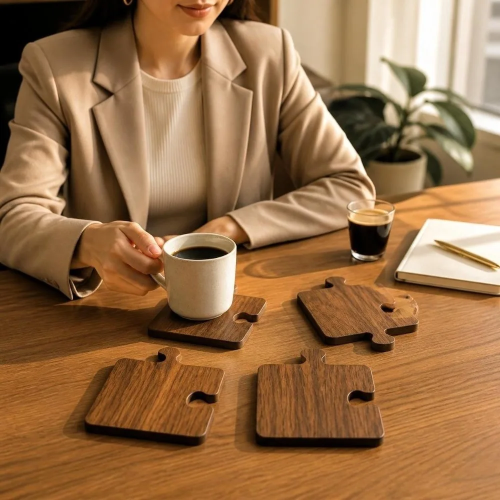 4pcs Vintage Wooden Coaster Set Heat Resistant Christmas Decor Building Block Coasters Non Slip Puzzle Coasters Home Decor