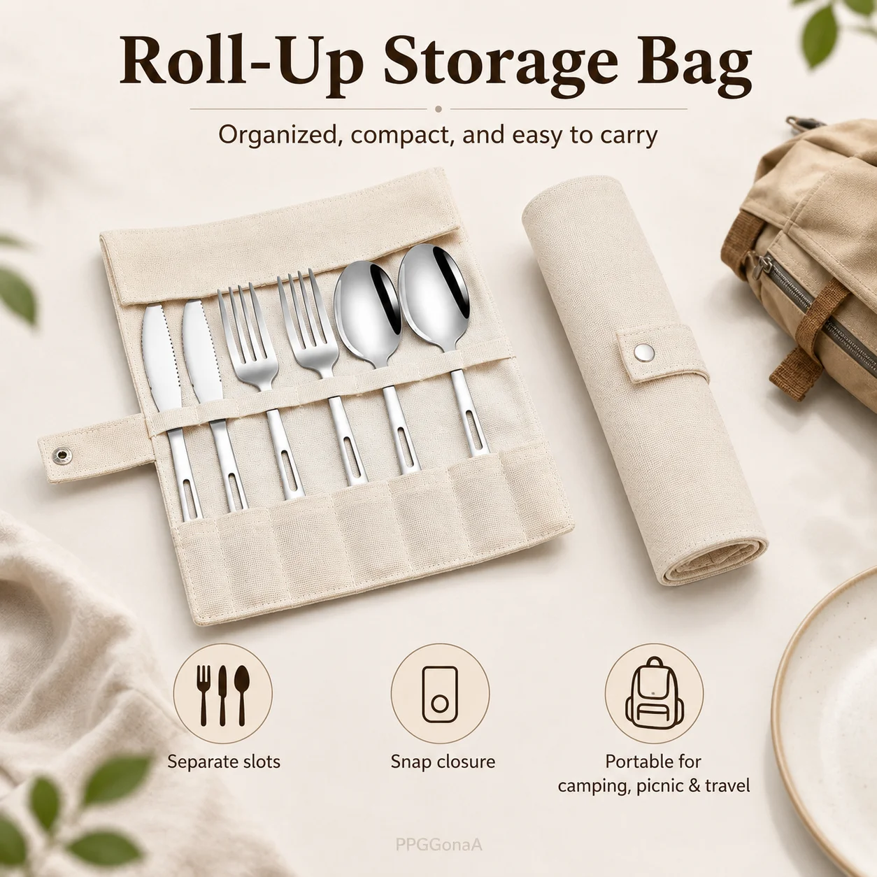 7Pcs Stainless Steel Camping Cutlery Set with Roll-Up Storage Bag Portable Knife Fork Spoon Set for Travel Picnic