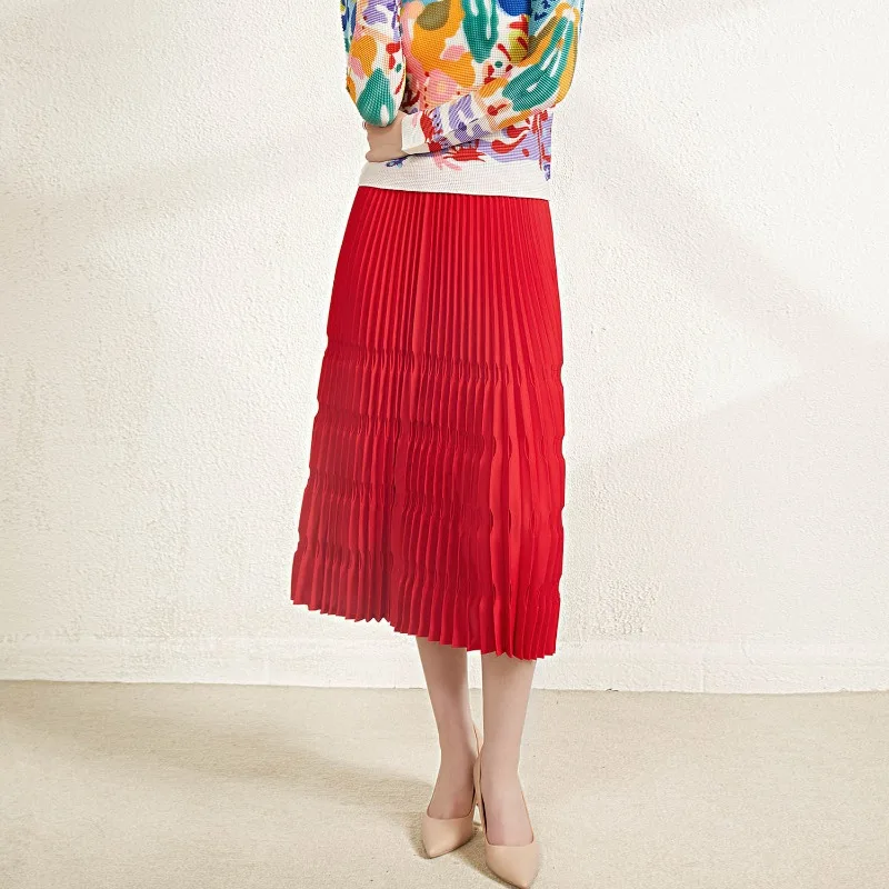 Miyake A Pieghe 2026 Primavera e L'Estate Nuovo Stampaggio Stereoscopico Retro Rosso Gonna A Pieghe Femminile di Nicchia A-line Bustier Gonna Pieghe