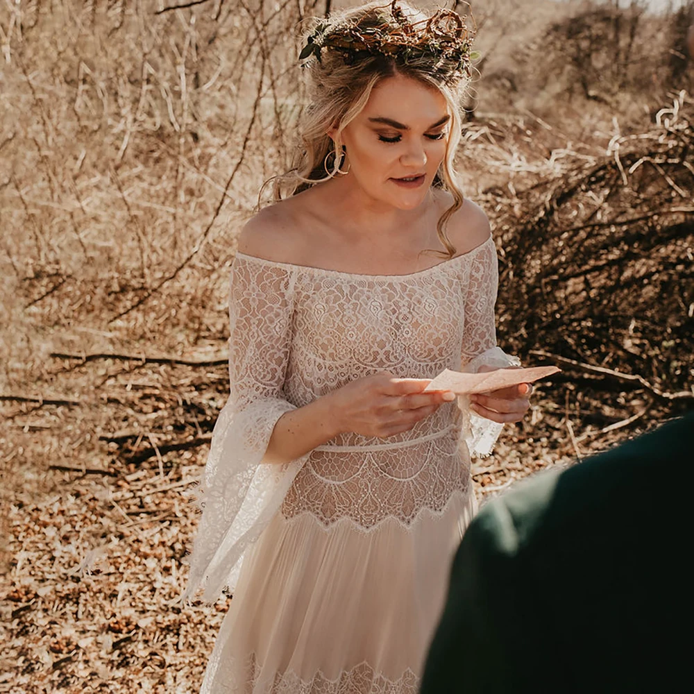 Customized Long Wide Flare Sleeves Boho Lace Off Shoulder Wedding Dress Plus Size Tiered Princess A Line Hippie Bridal Gown