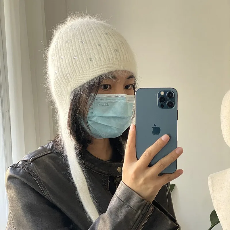 Women Stylish Rhinestone Decor Winter Warm Earflap Chin Strap Knit Bomber Hat Faux Angora Rabiit Wool Blend Cold Beanie Cap