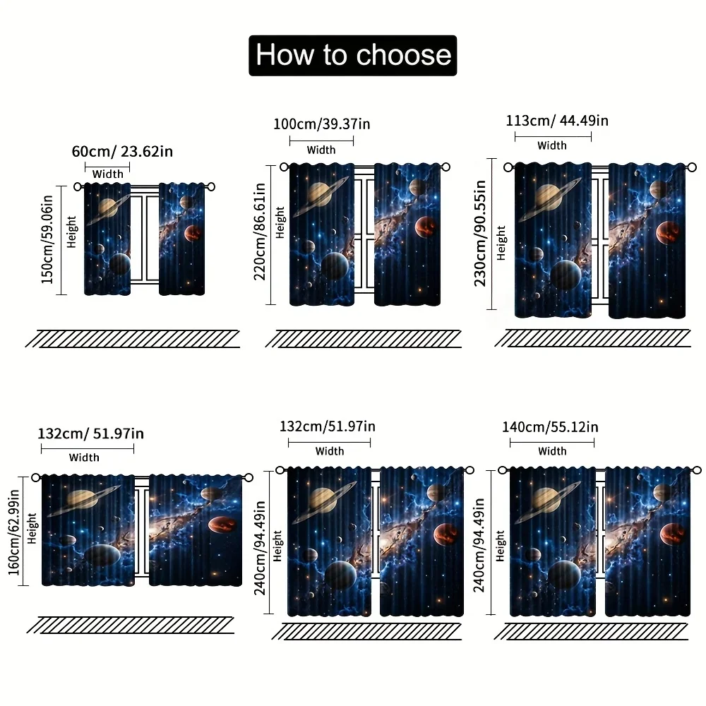 VIKAMA 2pc Blue Galaxy Polyester Space-Themed Curtains - Astronaut And Planetary Design, Washable, Home Decoration