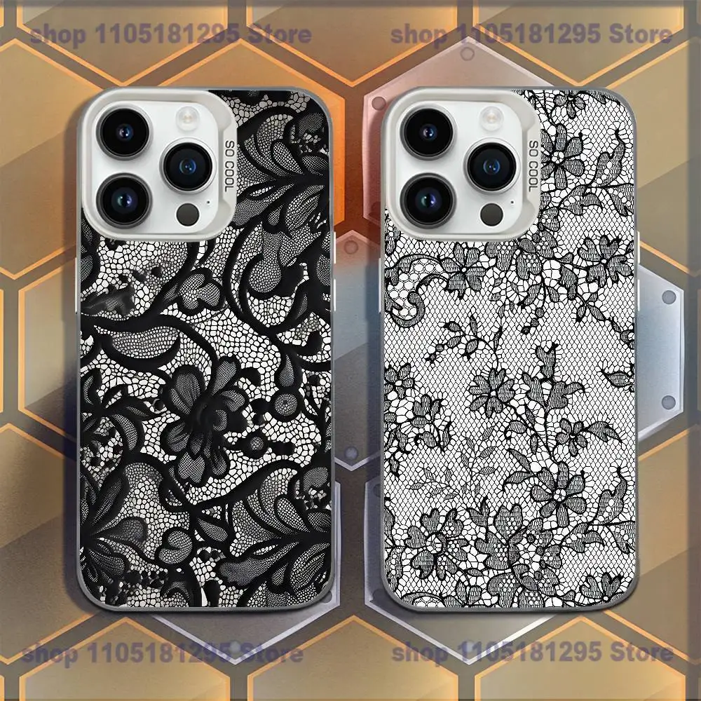 

Black Lace Pattern Personalized Phone Case For iPhone XR,17,16,15,14,13,12,11,Mini,Pro,E,MAX White Candy Matte Shockproof Cover
