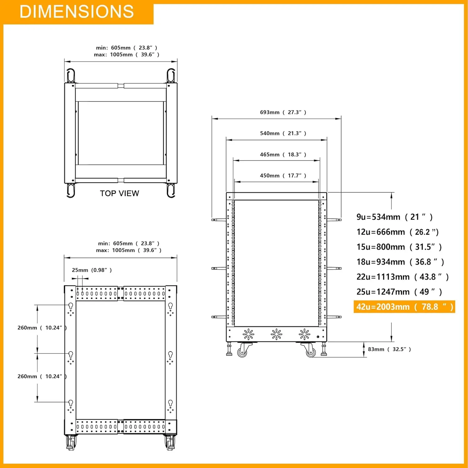 Rack serwerowy RIVECO 42U 19” z regulacją głębokości, nośność do 770 kg, stojący na podłodze, 4-słupkowy rack z szynami L i kółkami nośnymi.