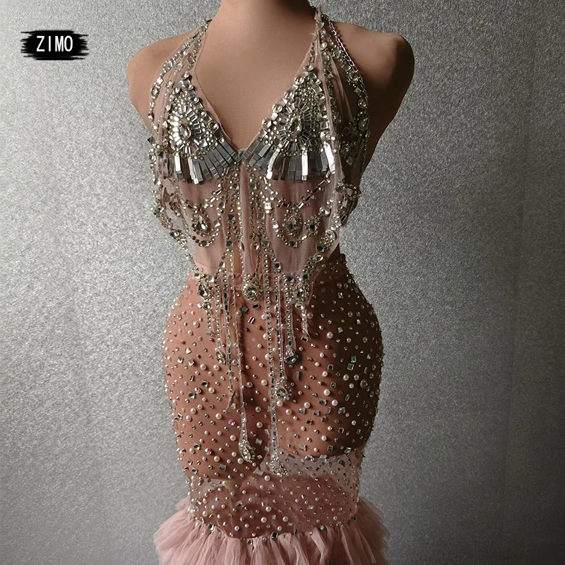 luxury 2023 mermaid fringe dress sequin pearl rhinestones Glitter sexy see through birthday party stage Celebrate two piece suit