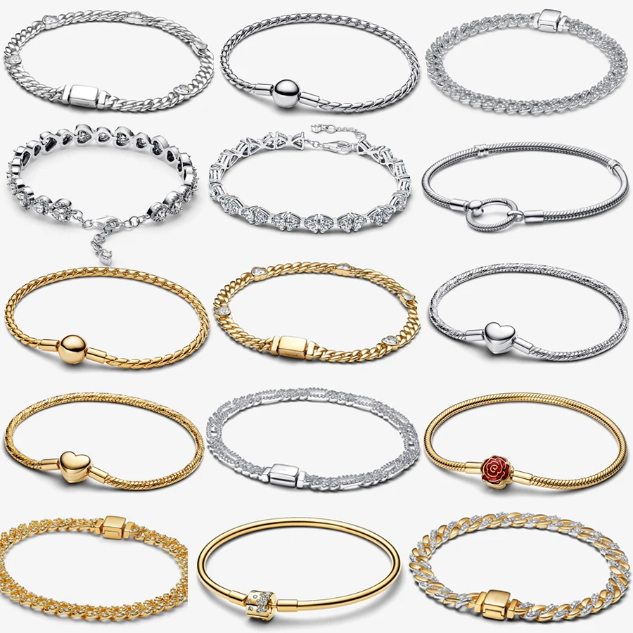

2026 New 925 Silver Sparkling Heart to Heart Eternal Rose Tennis Sliding Bracelet Fashion DIY Charm Jewelry Exquisite Gift