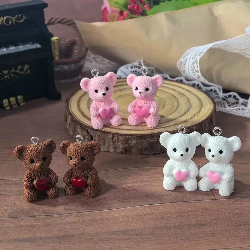 6Pcs Mix Love Heart Bear Resin Charms, 3D Small Teddy Bear Pendants, Handcraft Findings for DIY Earrings & Necklaces Jewelry