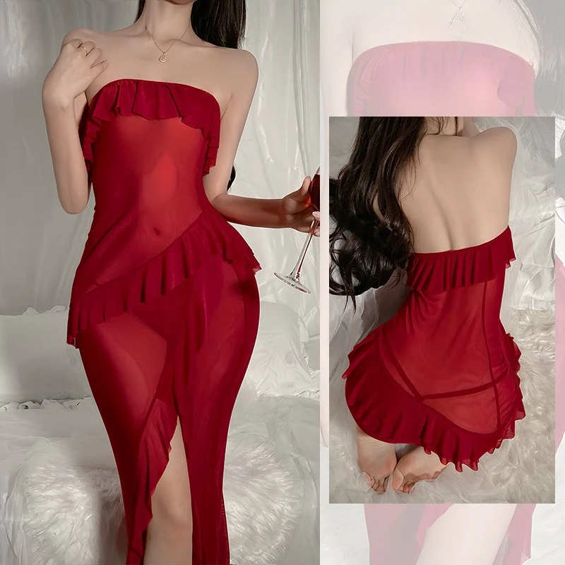 شبكة الحمالات المرأة منامة تنورة بلون كلمة واحدة الكتف ملابس خاصة الشباك حافة منظور سبليت فستان نوم مثير #5