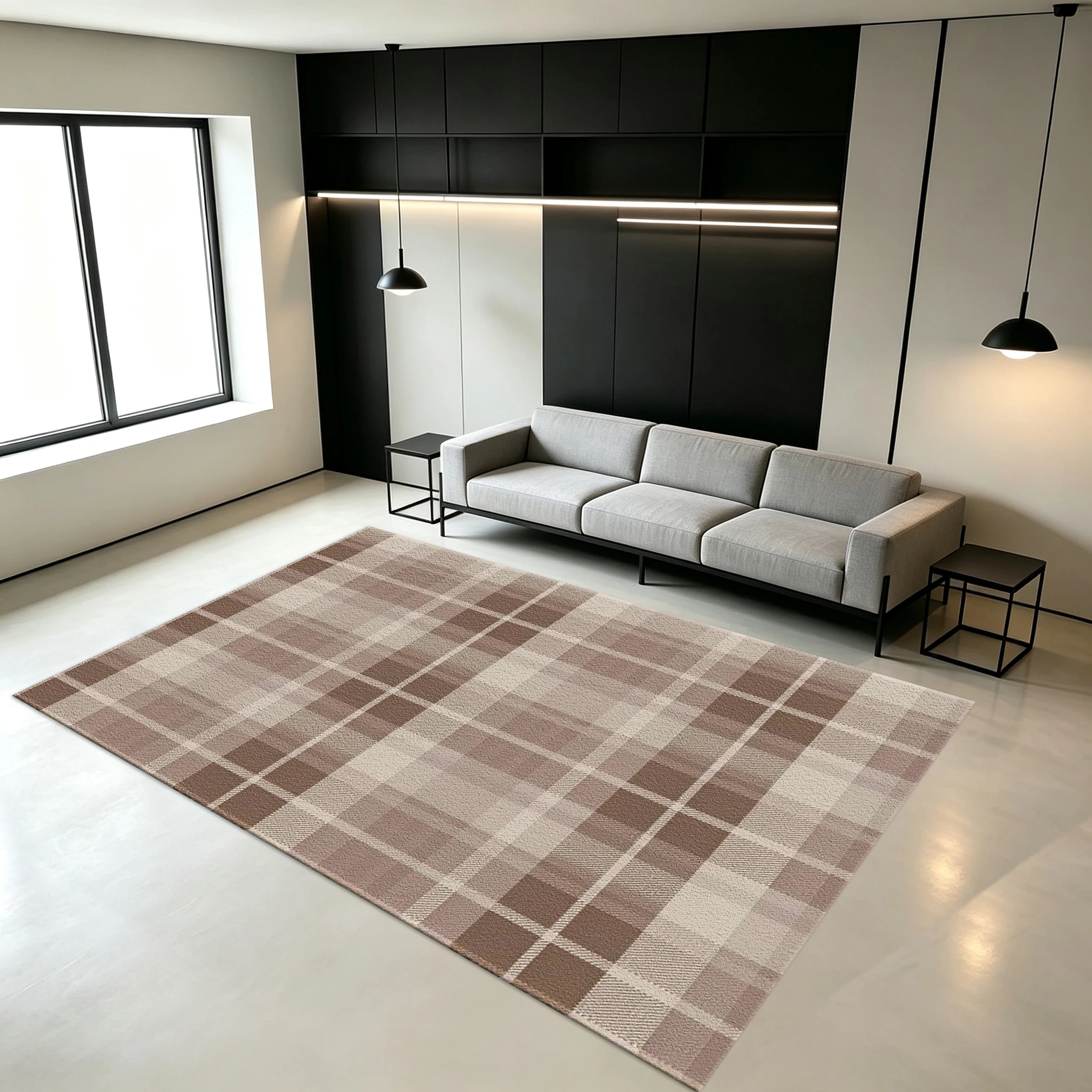 Neutral Brown Beige Classic Plaid Pattern Carpet, Non-Slip Printed Carpet, Suitable for Living Room Farmhouse Home Floor Decoration