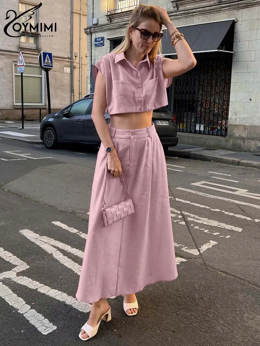 Oymimi Casual Pink Cotton Hemp Sets Womens 2 Piece Fashion Sleeveless Pockets Crop Shirts And Simple Ankle-Length Skirts Sets