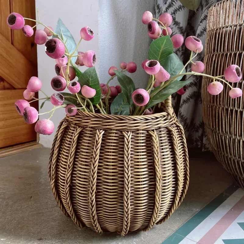 Indonesian Natural Rattan Woven Desk Basket Retro Dark Floral Holder INS Homestay Entryway Decorative Container