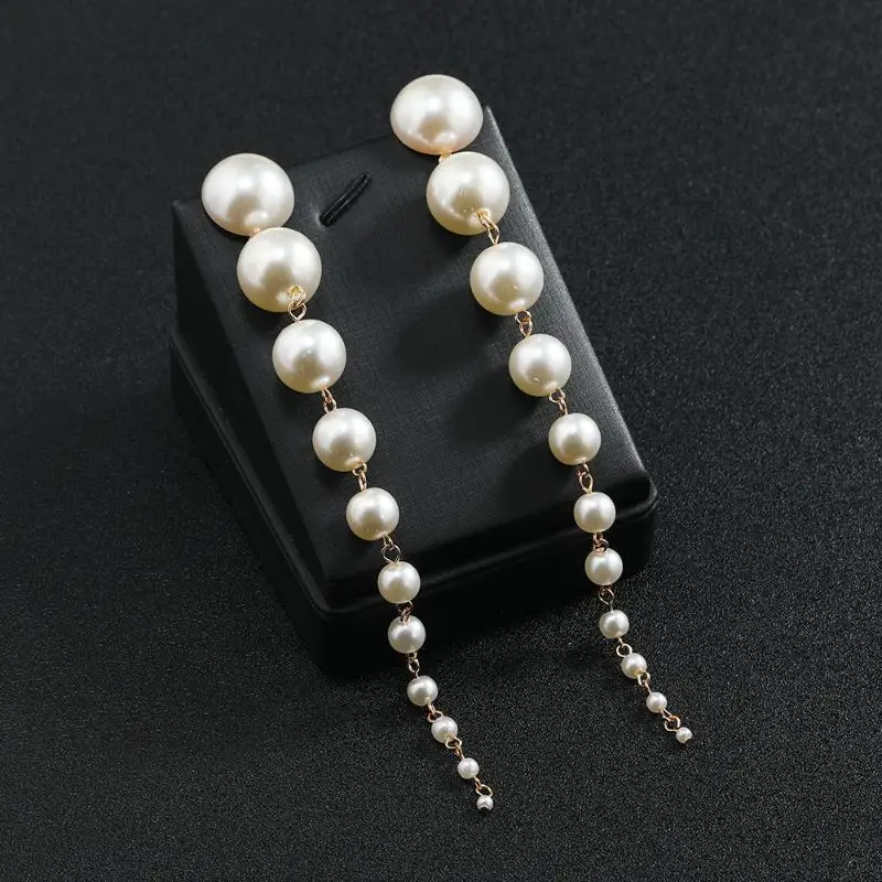 2Pcs Fashion Long Gradient Pearl Tassel Earrings European American Style Versatile Drop Dangle Earrings for Prom Wear