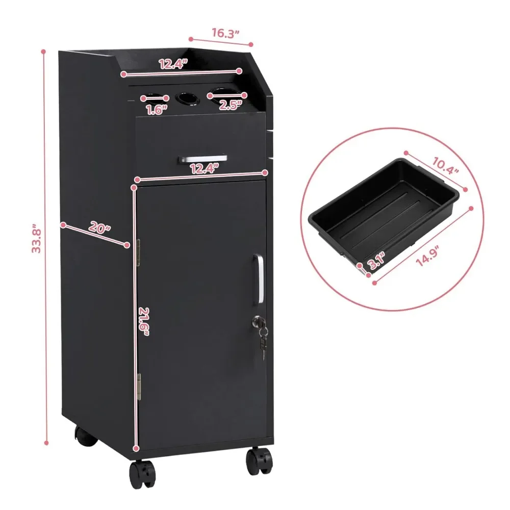 

​​Salon Storage Cart with Wheels: 3 Hair Dryer Holders & 4 Locking Drawers - Hairdressing Tool Station​