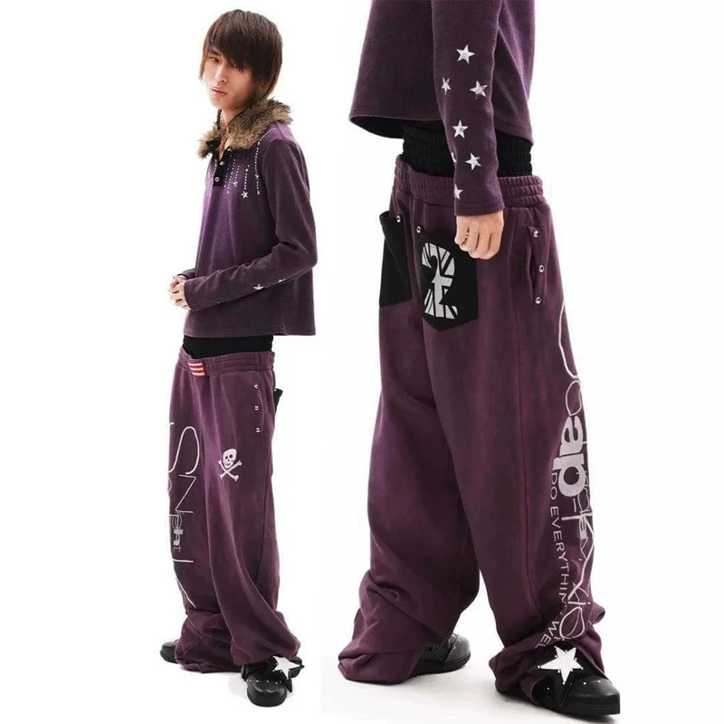Unisex Purple Wide Leg Pants Graphic Print Loose Fit Drawstring Waist Y2K Punk Streetwear Casual Hip Hop Long Trousers Fashion
