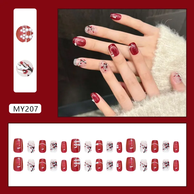 30 unghie a pressione con prugna invernale - Fiocco di neve e linea floreale con effetto occhio di gatto perlato Unghie finte quadrate medie