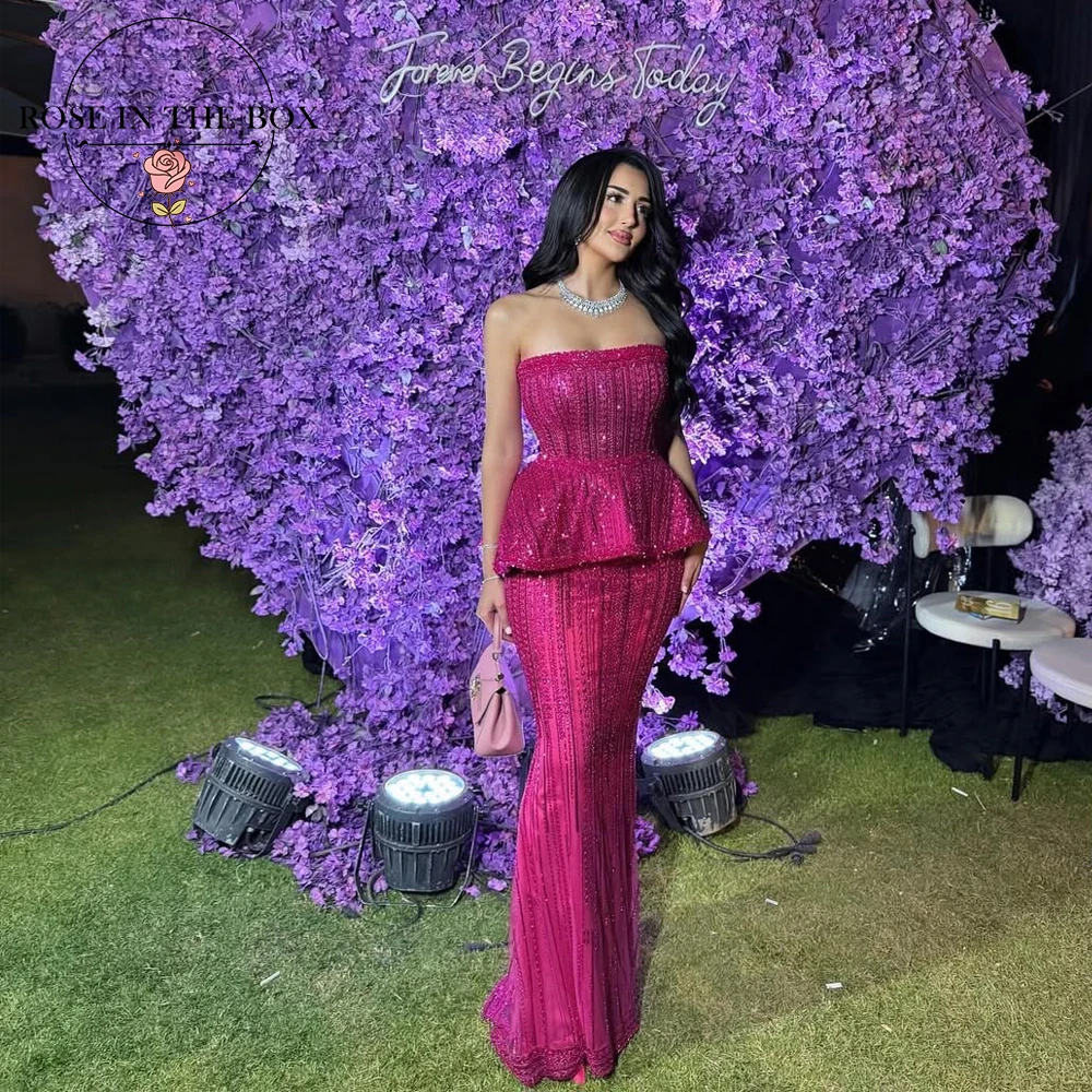 

ROSEINTHEBOX Гламурные пурпурные вечерние платья без бретелек из двух частей с бисером и корсетом русалки Элегантные вечерние платья