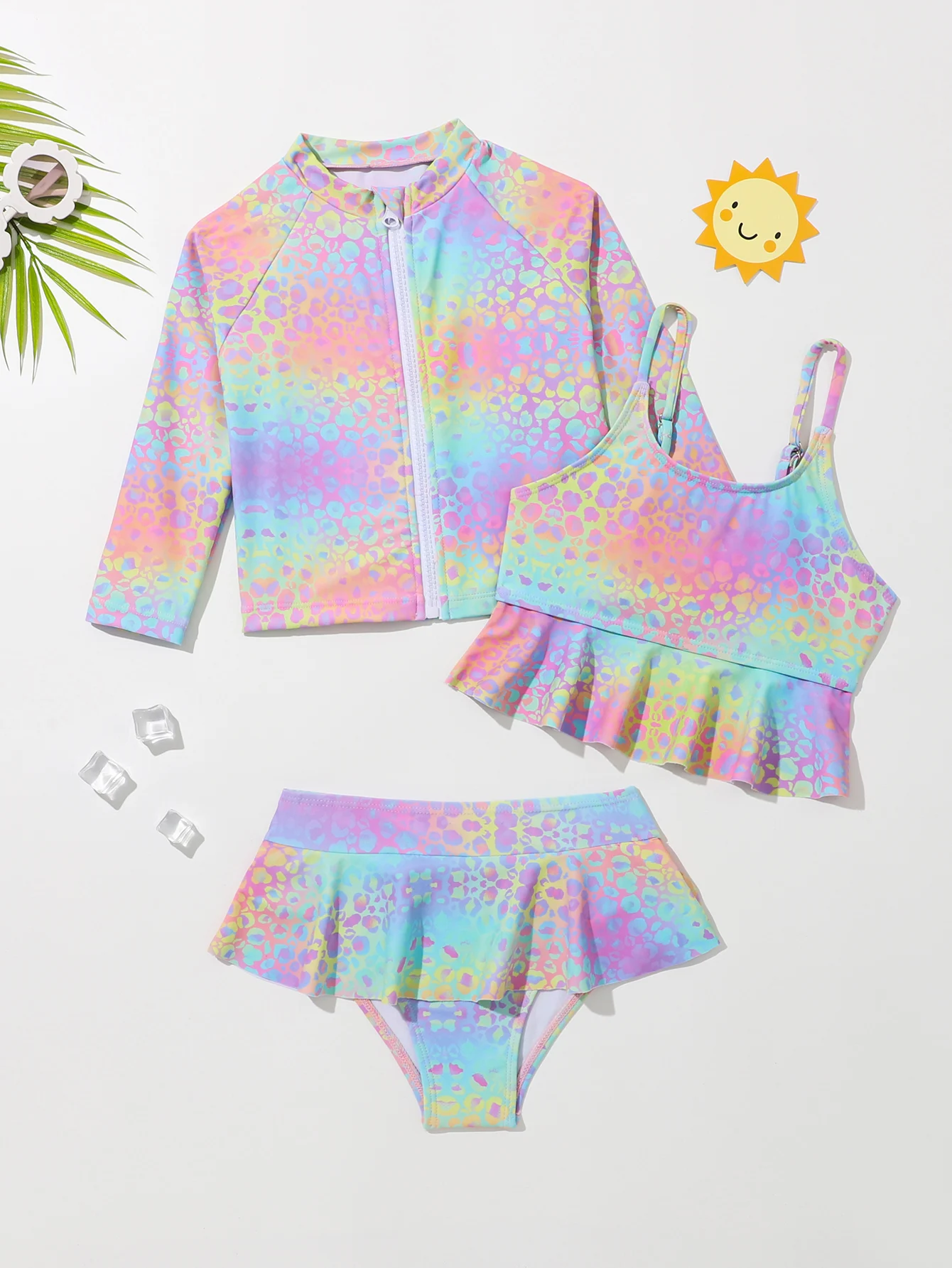 New 3Pcs Girls Bikini Gradient color Sets Surfing Baby Swimwea Toddler Beach Sunscreen Suit   4Y-7Y