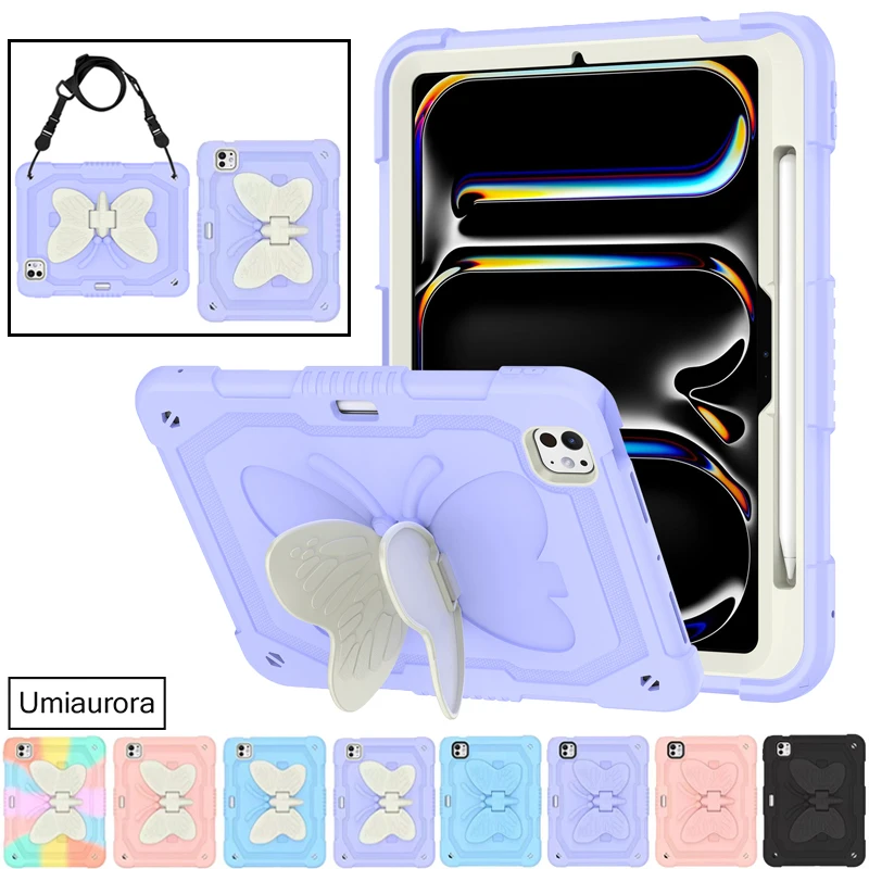 

Для IPad Mini7 8,3 дюйма Air 6 5 4 10,9 Pro 11 дюймов M2 M3 M4 Детский противоударный чехол для планшета с бабочкой и ремешком-подставкой Прочный чехол Funda