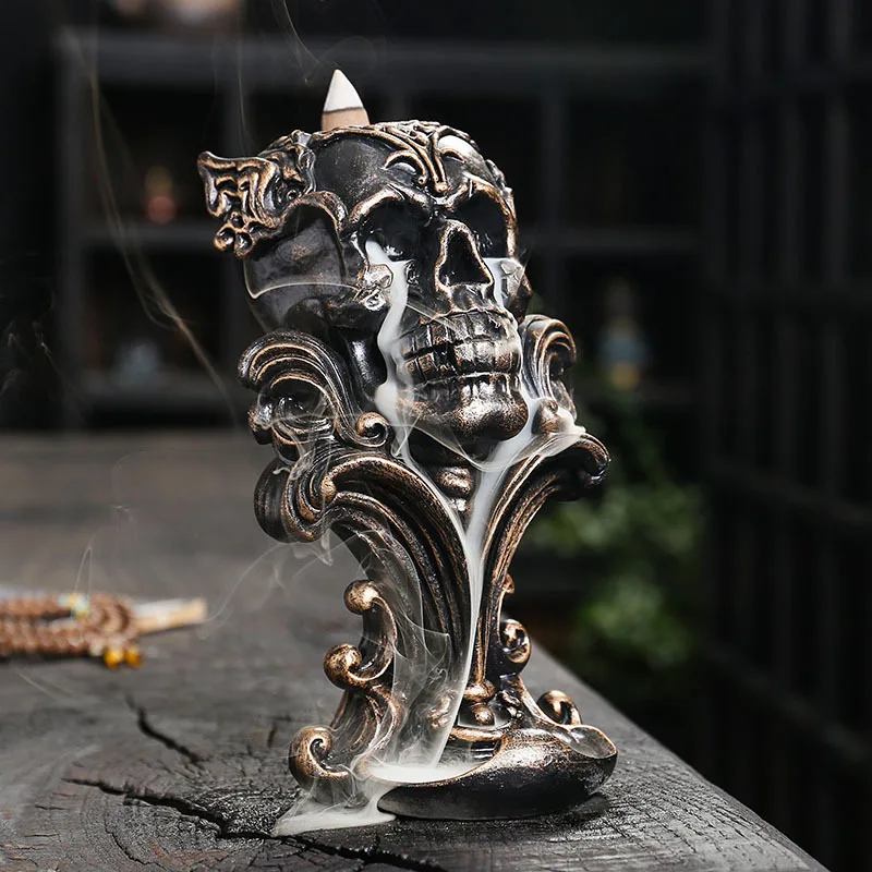 Skull Backflow Incense Burner, Resin Waterfall Incense Holder, Home Fragrance, Creative Figurines Men's Gift